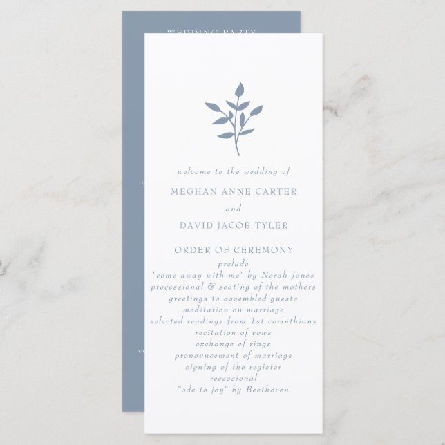 Dusty Blue Simple Modern Botanical Wedding Programm (Vorne/Hinten)