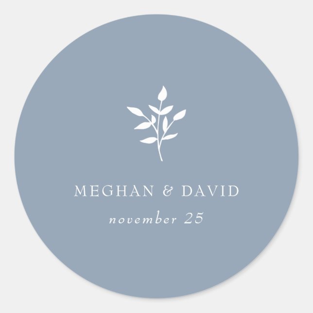 Dusty Blue Simple Modern Botanical Wedding Runder Aufkleber (Vorderseite)