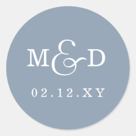 Dusty Blue Simple Modern Monogram Wedding Runder Aufkleber