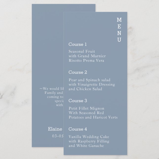 Dusty Blue Simple Modern Wedding Menükarte (Vorne/Hinten)