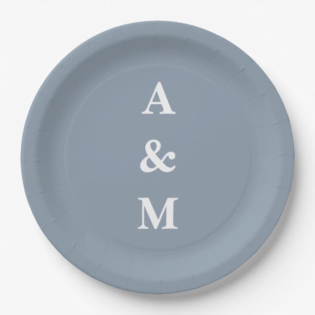 Dusty Blue Simple Monogram Initial Elegante Hochze Pappteller (Vorderseite)
