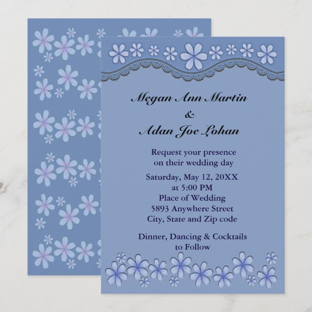 Dusty Blue Six Petal Blume Einladung Hochzeit (Vorne/Hinten)
