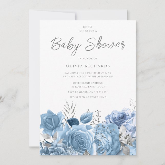 Dusty Blue Sky-Blue Floral Baby Shower Einladung (Vorderseite)