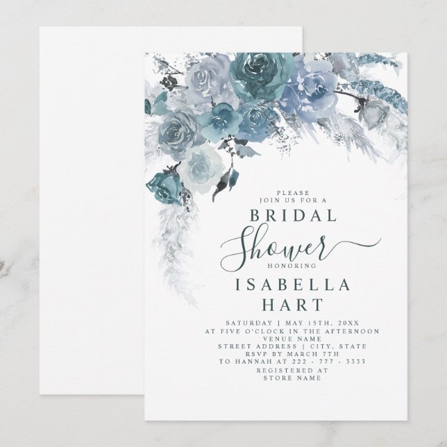 Dusty Blue Slate Boho Pampas Floral Brautparty Einladung (Vorne/Hinten)