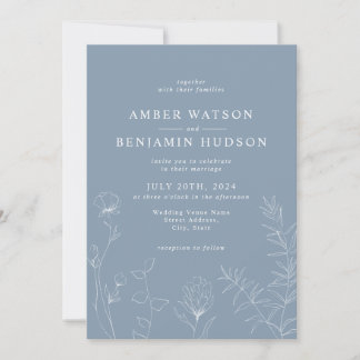Dusty Blue Slate Elegante Wildblume Hochzeitsfeier Einladung