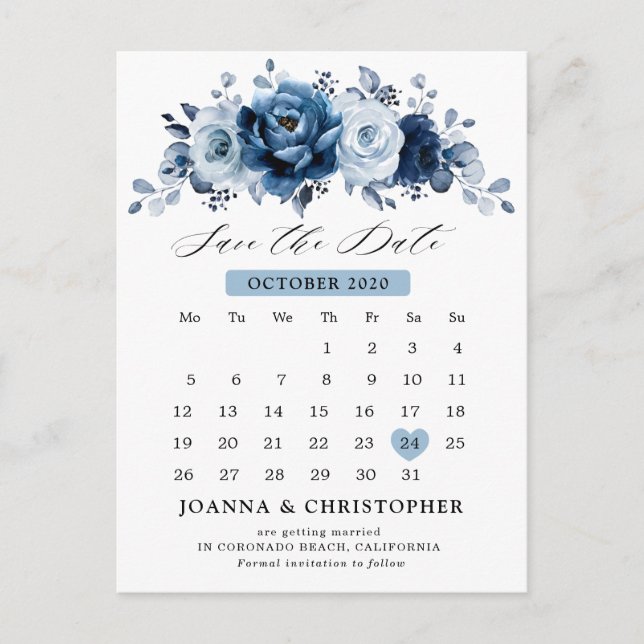 Dusty Blue Slate Navy Botanisch Save the Date Postkarte (Vorderseite)