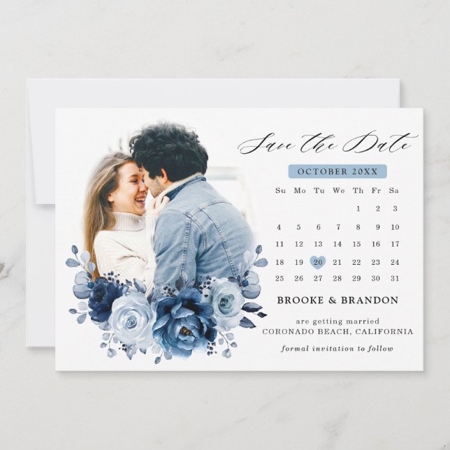 Dusty Blue Slate Navy Botanischer Foto-Kalender Save The Date (Vorderseite)
