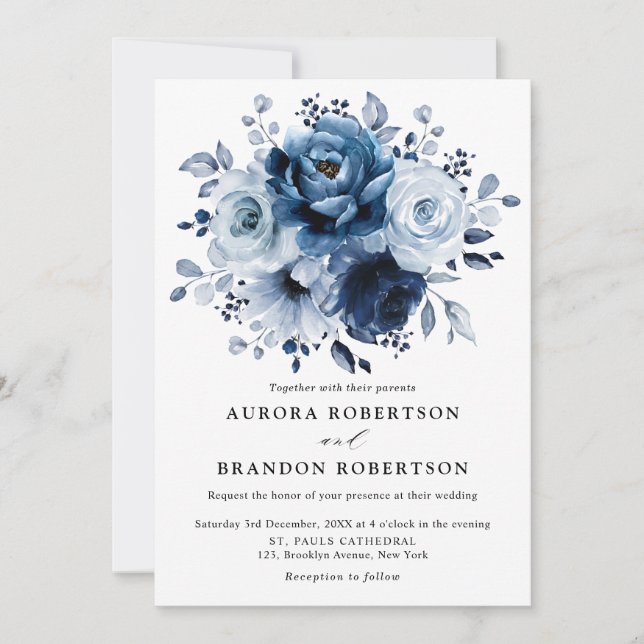 Dusty Blue Slate Navy Floral Botanical Wedding Einladung (Vorderseite)