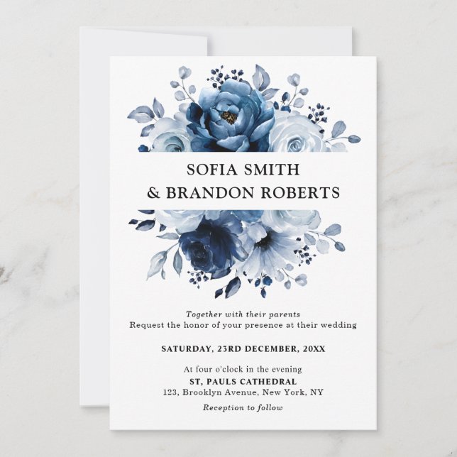 Dusty Blue Slate Navy Floral Botanical Wedding Einladung (Vorderseite)