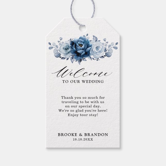 Dusty Blue Slate Navy Floral Botanical Wedding Geschenkanhänger (Vorderseite)