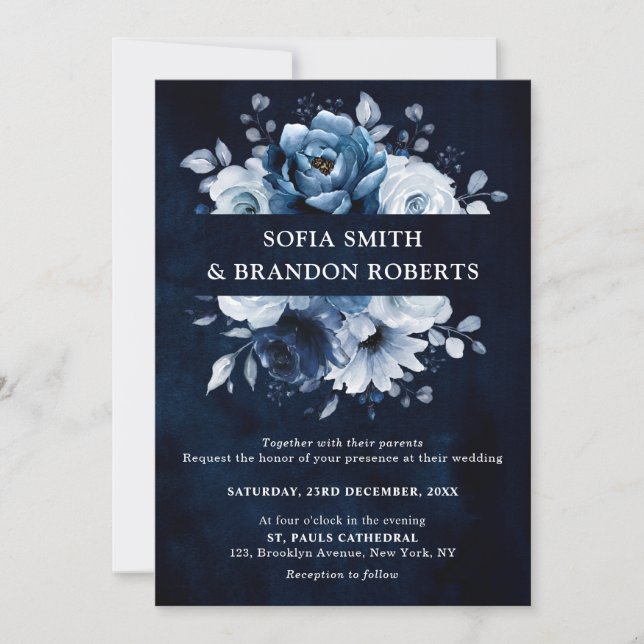 Dusty Blue Slate Navy Floral Botanical Wedding Inv Einladung (Vorderseite)