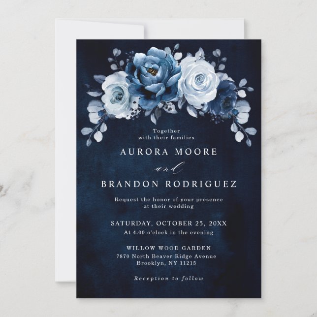 Dusty Blue Slate Navy Floral Botanical Wedding Inv Einladung (Vorderseite)