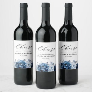 Dusty Blue Slate Navy Floral Botanical Wedding Weinetikett