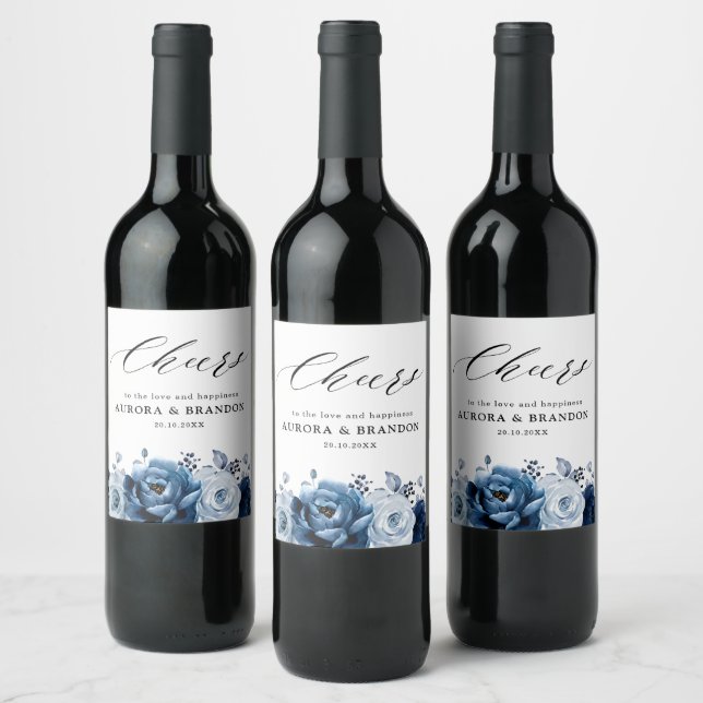 Dusty Blue Slate Navy Floral Botanical Wedding Weinetikett (Flaschen)