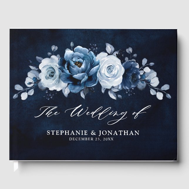 Dusty Blue Slate Navy Floral Botanical Wedge Gue Gästebuch (Vorderseite)