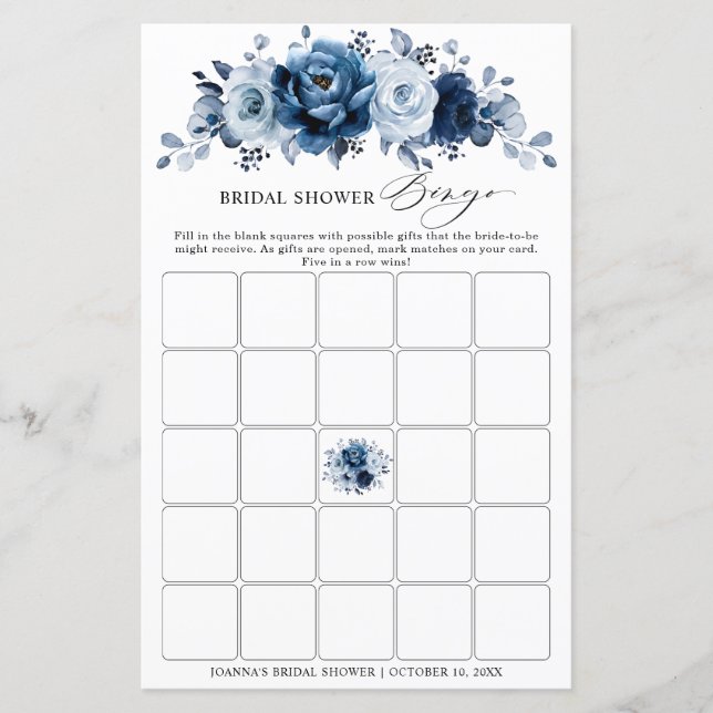Dusty Blue Slate Navy Floral Brautparty Bingo (Vorderseite)