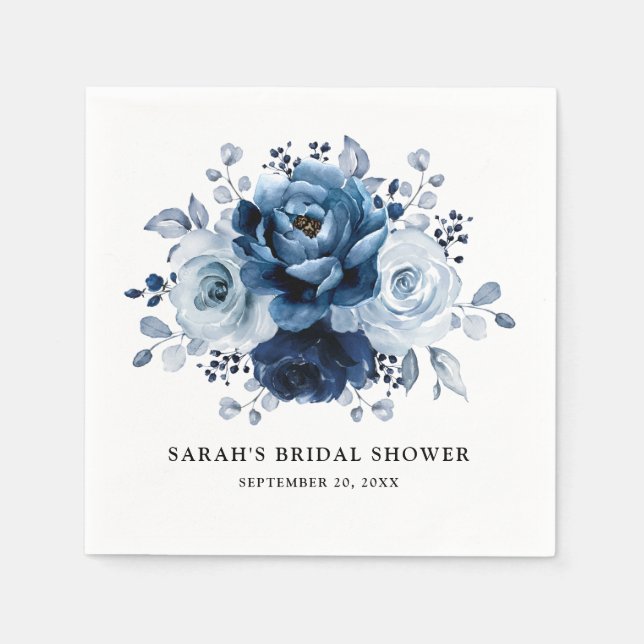 Dusty Blue Slate Navy Floral Brautparty Serviette (Vorderseite)