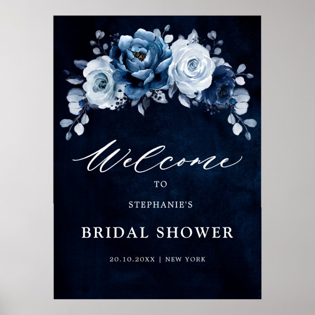 Dusty Blue Slate Navy Floral Brautparty Willkommen Poster (Vorne)