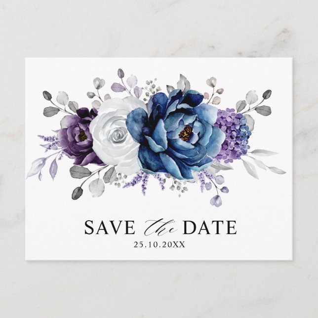 Dusty Blue Slate Navy Floral Wedding Save the Date Postkarte (Vorderseite)