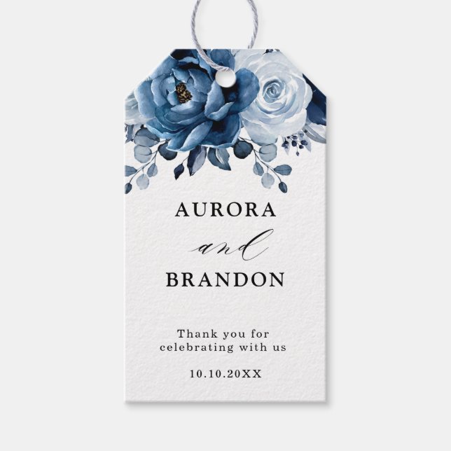 Dusty Blue Slate Navy Floral Wedding Vielen Dank Geschenkanhänger (Vorderseite)