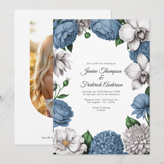 Dusty Blue & Soft Grey Watercolor Floral Wedding Einladung (Vorne/Hinten)