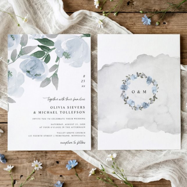 Dusty Blue Soft Watercolor Floral Wedding Einladung (Dusty blue watercolor floral wedding invitation with soft blue and gray flowers and elegant script)
