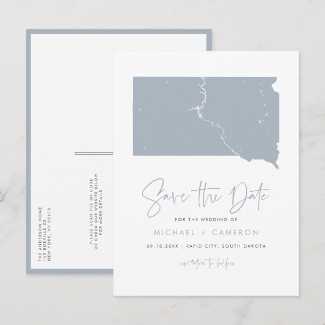 Dusty Blue South Dakota Karte QR-Code Save the Dat (Vorne/Hinten)