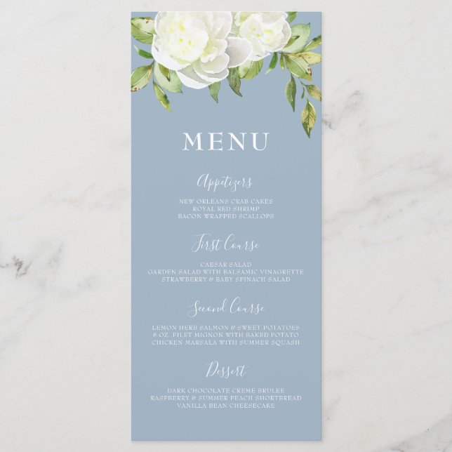 Dusty Blue Spring Floral Peony Menu Mariage (Devant)