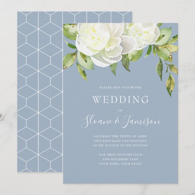 Dusty Blue Spring Floral Peony Wedding Einladung (Vorne/Hinten)