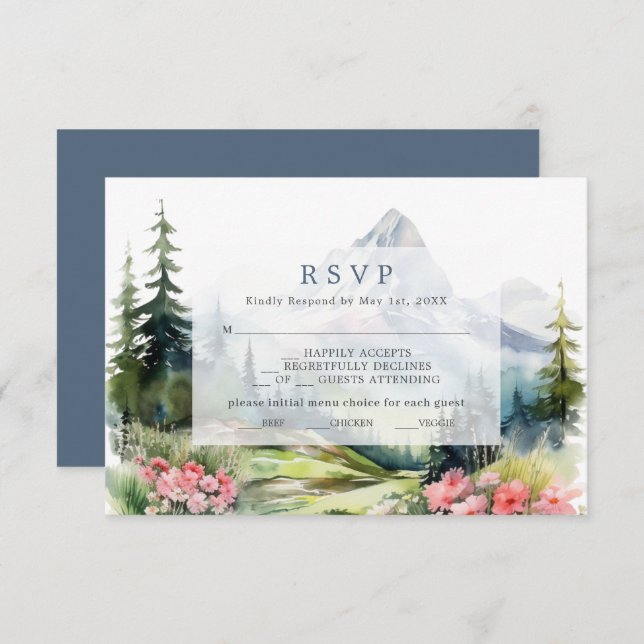 Dusty Blue Spring Mountains Wedding RSVP Card (Vorne/Hinten)