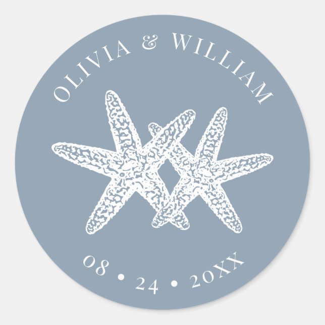 Dusty Blue Starfish Beach Coastal Wedding Runder Aufkleber (Vorderseite)