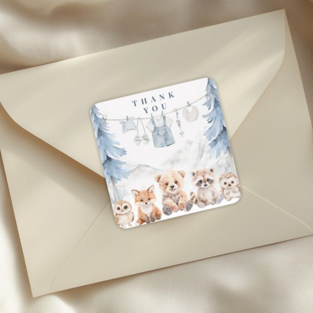 Dusty Blue Storybook Forest Baby Shower Quadratischer Aufkleber (Von Creator hochgeladen)