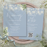 Dusty Blue String Lights Floral QR Code Wedding Einladung<br><div class="desc">Diese elegante dustige blaue Hochzeitseinladung mit hübschen Saitenlichtern und blühender Vegetation kann mit Ihren Informationen in schicker Typografie personalisiert werden,  mit Ihren Angaben zur Hochzeitswebsite und Ihrem QR-Code auf der Rückseite. Entwickelt von Thisisnotme©</div>