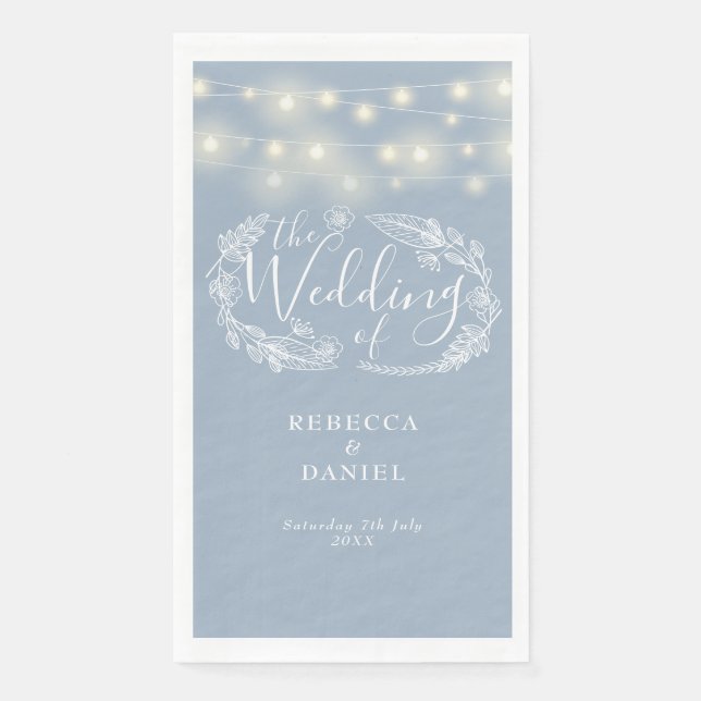 Dusty Blue String Lights Floral Wedding Serviette (Vorderseite)