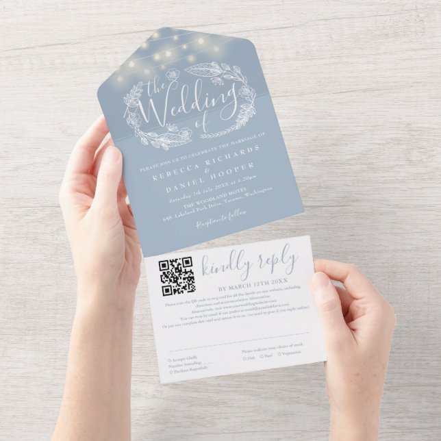 Dusty Blue String Lights QR Code Wedding All In One Einladung (Abreißen)