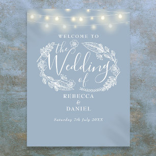 Dusty Blue String Lights Wedding Welcome Sign Poster