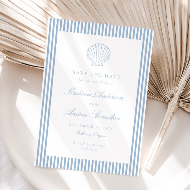 Dusty Blue Stripe Shell Wedding Save the Date (Von Creator hochgeladen)