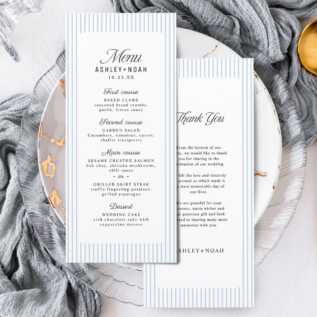 Dusty Blue Striped Elegance Classy Wedding Menükarte (Dusty Blue Striped Elegance Classy Wedding Menu)