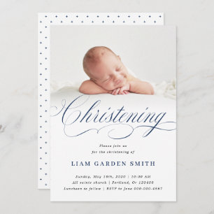 Dusty Blue Subtle Cross Script Christening Boy Einladung