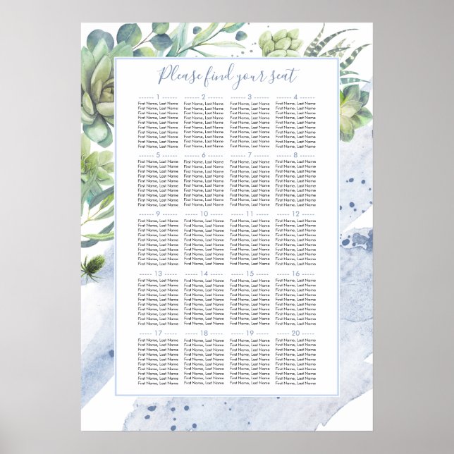 Dusty Blue Succulents Greenerity Seating Chart Poster (Vorne)