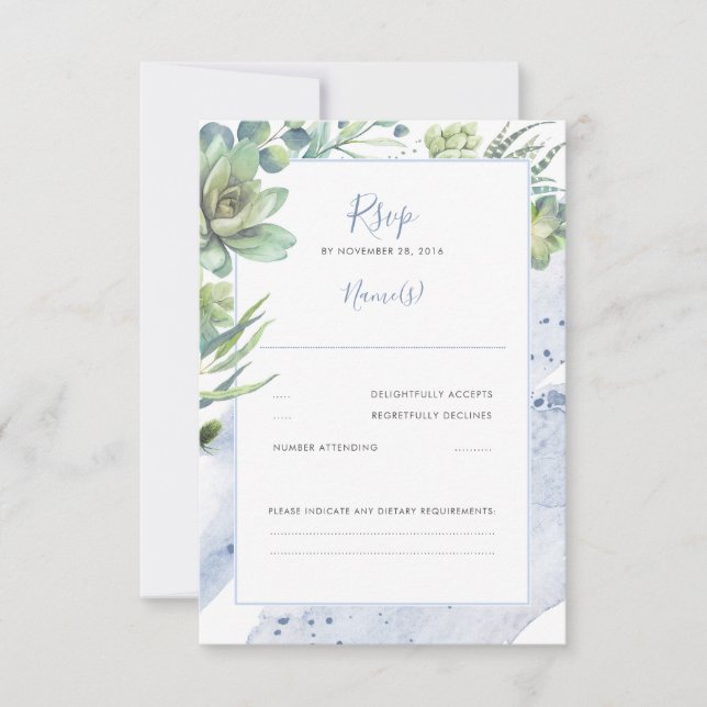 Dusty Blue Succulents Greenerity Wedding RSVP (Vorderseite)