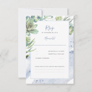 Dusty Blue Succulents Greenerity Wedding RSVP Karte