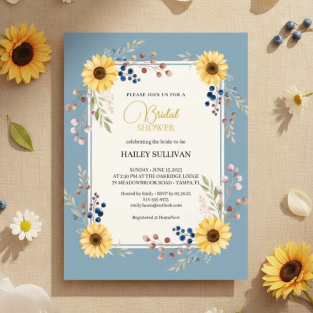 Dusty Blue Sunflower Bridal Shower Gold Frame Einladung (Dusty Blue Sunflower Frame)
