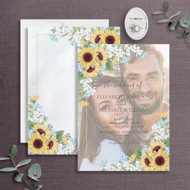 Dusty Blue Sunflower Vellum Overlay Foto Hochzeit Einladung (Von Creator hochgeladen)