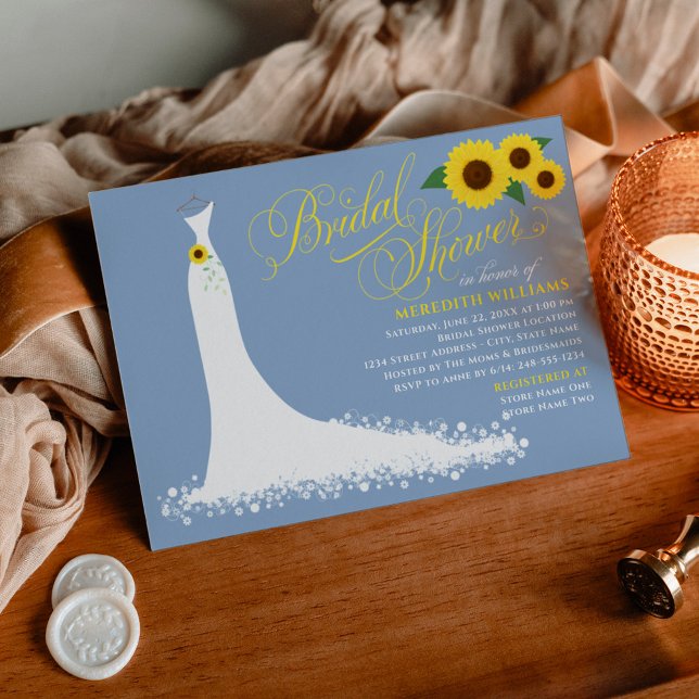 Dusty Blue Sunflower Wedding Gown Brautparty Einladung (Von Creator hochgeladen)