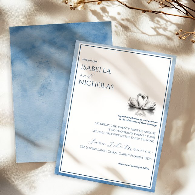 Dusty Blue Swan Lake Faire-part de mariage (Romantic Wedding Invitation )