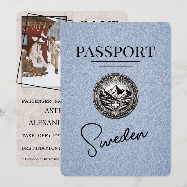 Dusty Blue Sweden Passport Save the Date (Vorne/Hinten)