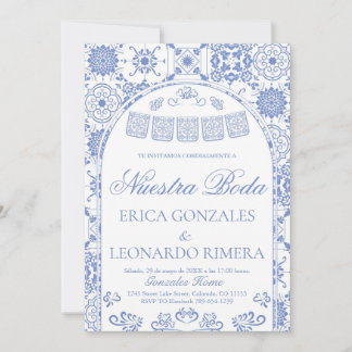 Dusty Blue Talavera Papel Picado Spanish Wedding Einladung