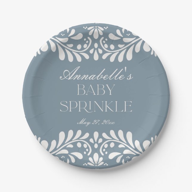 Dusty Blue Talavera Tile Fiesta Boy Baby Sprinkle Pappteller (Vorderseite)