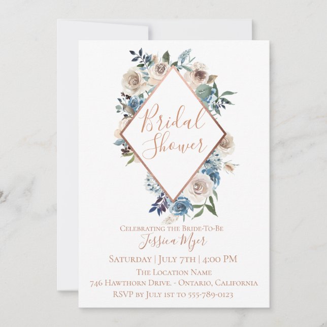 Dusty Blue Taupe Floral Bridal Shower Invitation (Devant)
